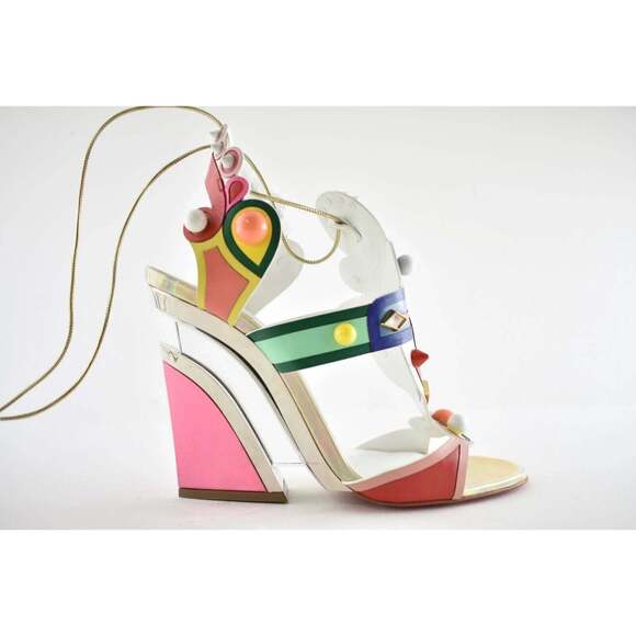 Christian Louboutin Papagaya Levita 100 Multicolor Lace Up Wedge Sandal Heel 37 - Picture 2 of 12